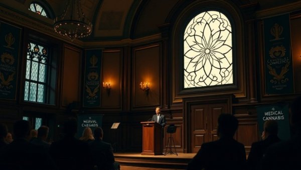 Historical medical cannabis event in London with speaker and banners.