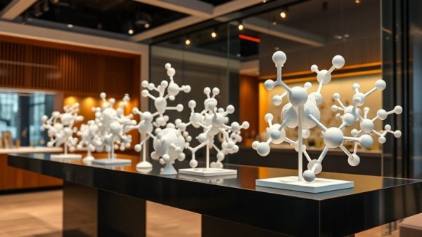 Functional THC cannabis industry display with molecular models.