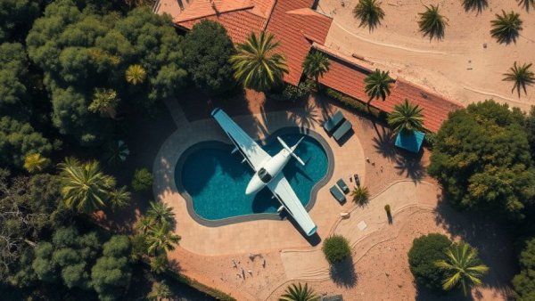 Aerial view of Mesa plane crash site near a swimming pool.