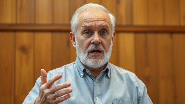 Formal speech in a wooden panel room, bright indoor lighting.