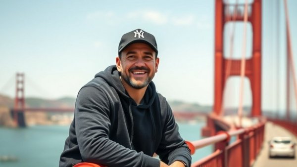Man sitting in front of Golden Gate Bridge in black apparel.