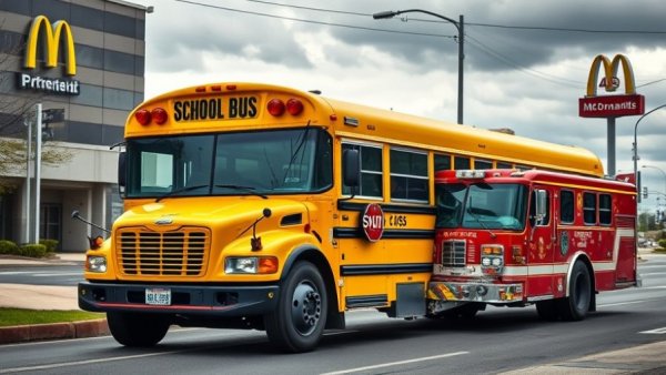 Phoenix school bus crash with fire truck on city road near McDonald's.