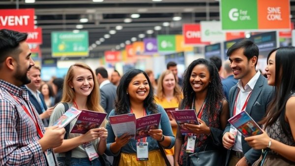 Cannabis banking event with people networking at a busy convention.