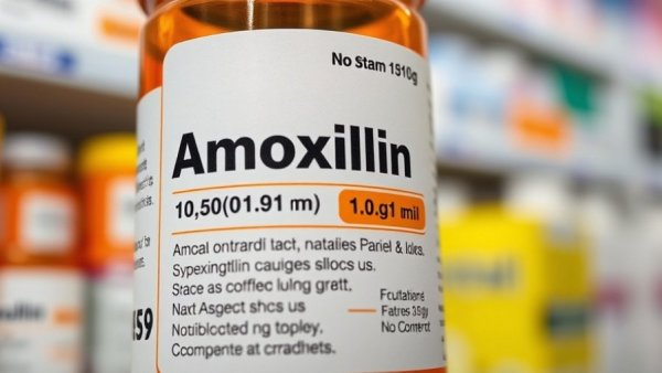 Close-up of Amoxicillin bottle with label details for allergy challenge.