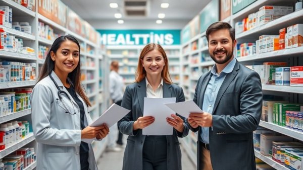 People in medical shops holding notices amid pharmaceuticals.