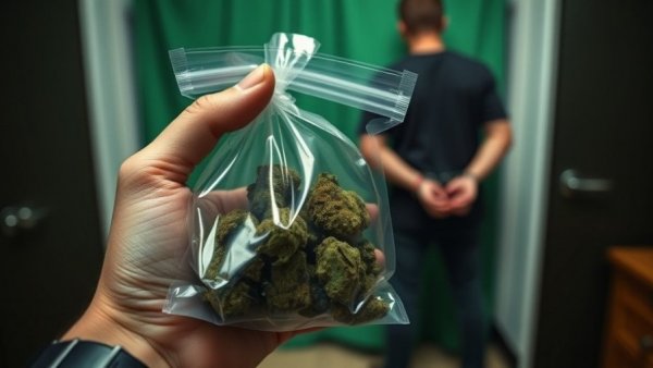 Marijuana-related arrests in the US depiction with handcuffs and marijuana bag