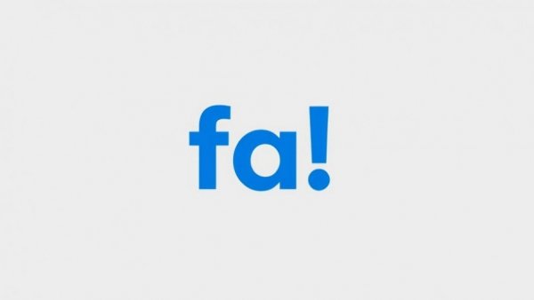 Blue 'fa!' text on grey background.
