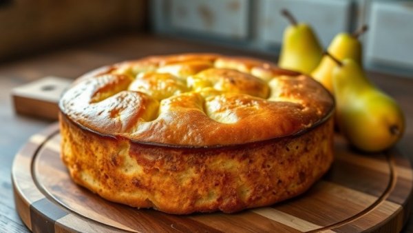 Freshly baked French pear cake beside ripe pears on a wooden board.
