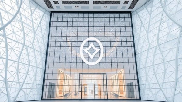 Modern grid-like architectural display with an elegant logo.