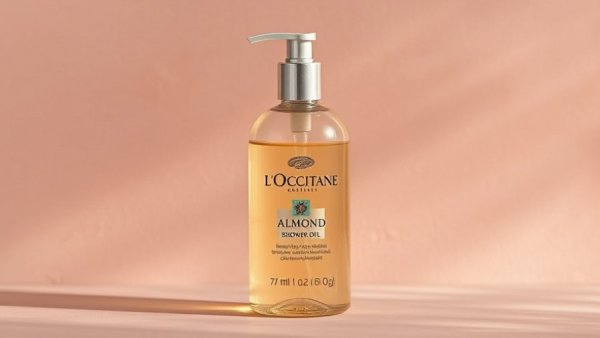 L’Occitane Almond Shower Oil bottle on a pink textured surface.
