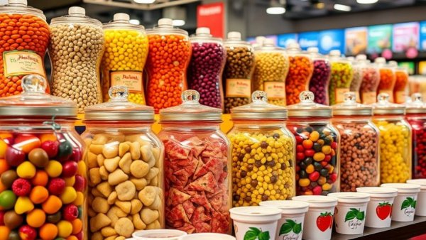 Assorted fruit candy jars displayed at an exhibition.