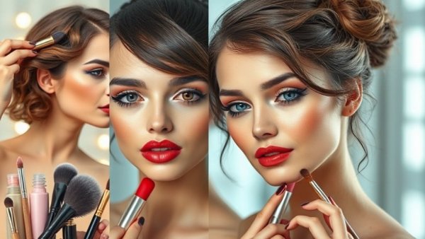 Collage showcasing women's beauty techniques with styled hair and glossy lips.