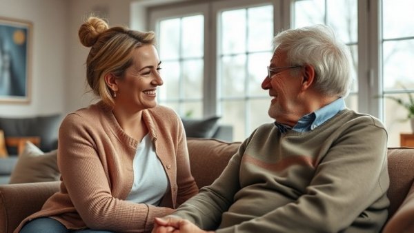 Signs an aging parent needs help: Woman conversing with elderly man.