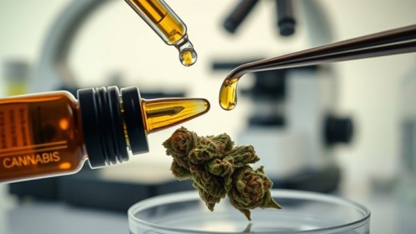 California Cannabis Health Benefits: close-up of cannabis oil and bud in lab.