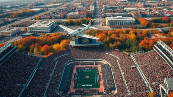 Aerial view of Clemson stadium during military appreciation event with plane flyover.