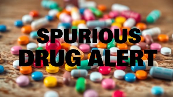Spurious drugs alert in India; colorful pills scattered.