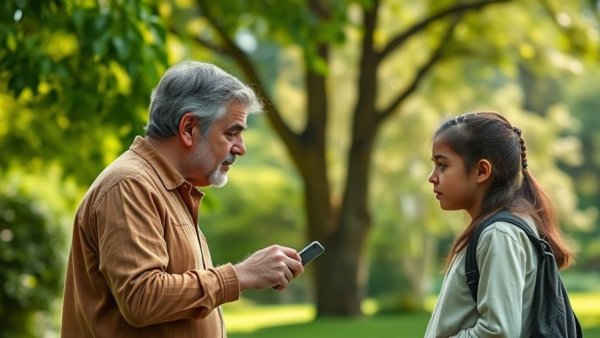 Compassionate adult and teen discussing in a green park under natural light.