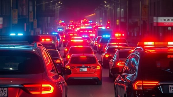 Emergency response scene at night showing police and fire trucks with flashing lights on a street. Related to Guadalupe shooting incident.