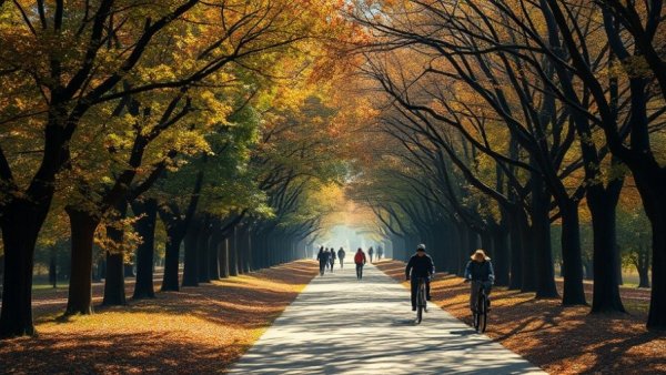 People cycling and walking on an autumn path under trees, greener environments linked to healthier BMI in children.
