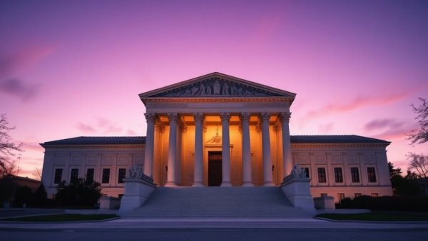 Supreme Court building during sunset, tranquil evening.
