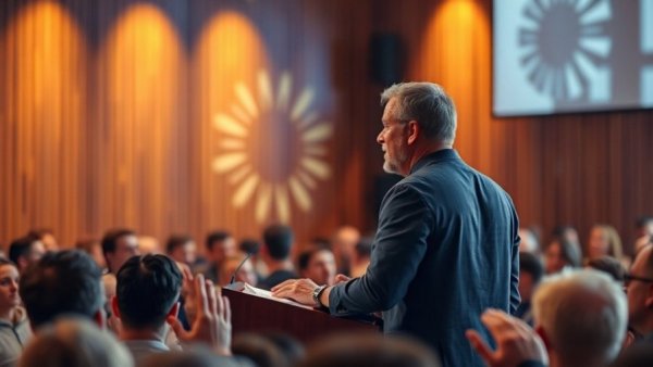 Speaker engaging audience at Cannabis Health Symposium 2025, warm lighting.
