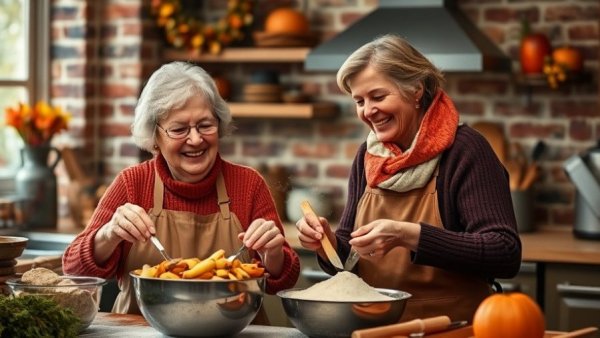 Elderly and young woman preparing Thanksgiving food in cozy kitchen.