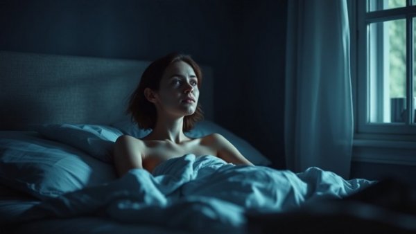 Contemplative young woman waking up at 3AM in dimly lit room.