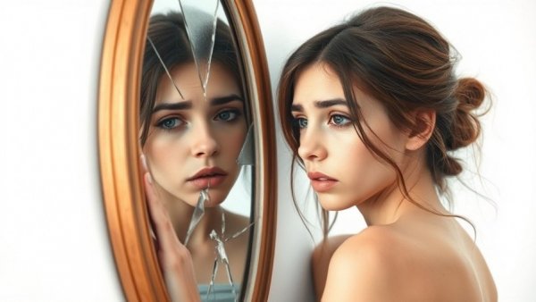Young woman and broken mirror reflecting mental health inequalities in England.