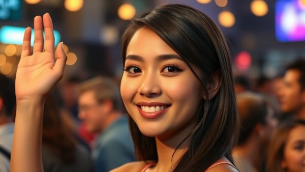 Young woman smiling at an event, showcasing style with elegant hands.