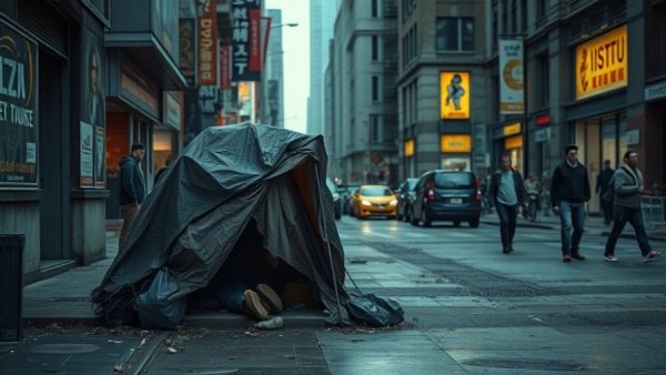 Urban scene depicting Saskatoon homelessness crisis with makeshift shelter.