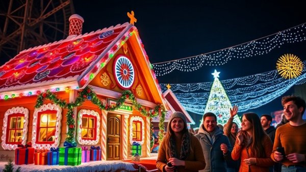 Pratt Brothers Christmas Celebration with illuminated gingerbread house.