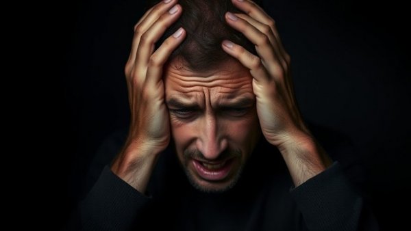 Man in distress, seeking male fertility tips, dimly lit setting.