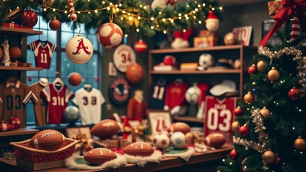 Festive sports memorabilia display for Sporting Christmas donor memories.