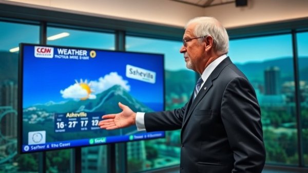Weather forecaster presenting Asheville weather details on screen.