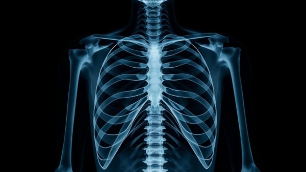 AI-enhanced chest X-ray displaying detailed rib cage and spine.