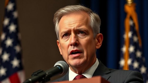 Speaker delivering speech with American flag backdrop.