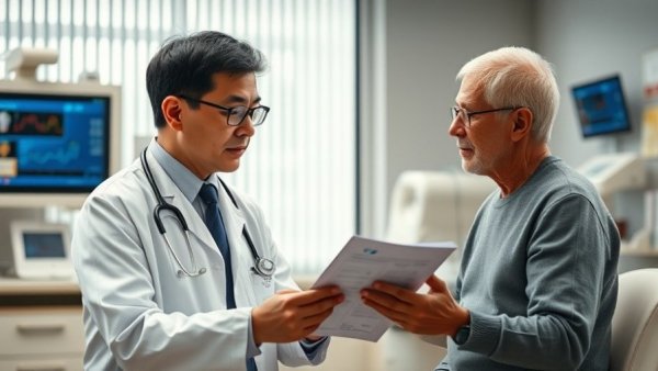 Doctor discusses health charts with patient in clinical setting, highlighting whole-person care.