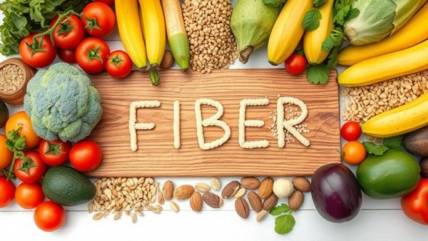 Colorful fruits, vegetables, and grains highlighting fiber intake for CRC survivors.