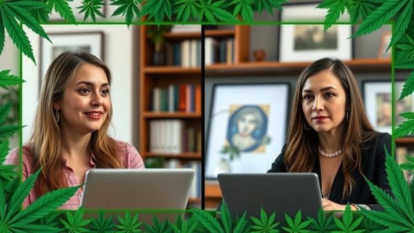 Cannabis industry compliance discussion online in a split-screen format with themed background.