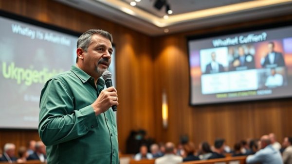Speaker presenting about cannabis at a conference, wooden background.