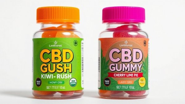 Colorful CBD gummy bottles, Kiwi Kush and Cherry Lime Pie.