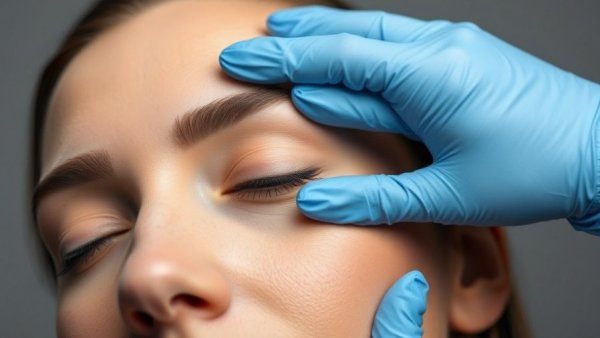 Close-up of Botox procedure showing blue-gloved hand on forehead.