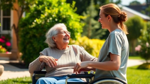 Elderly woman and caregiver discussing elder care costs in a sunny garden.