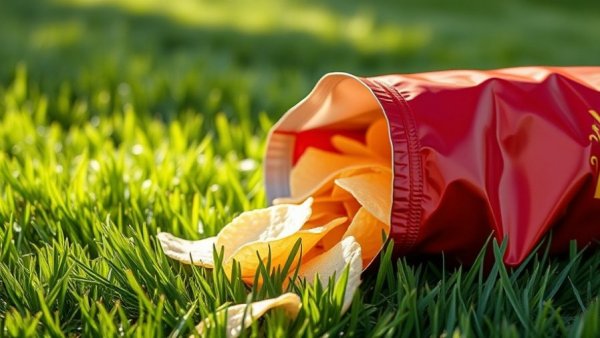 Open bag of chips on grass highlighting ultra-processed food risks.