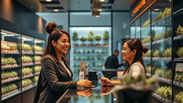 Friendly exchange at Virginia cannabis dispensary with worker and customer, focusing on adult-use cannabis sales.