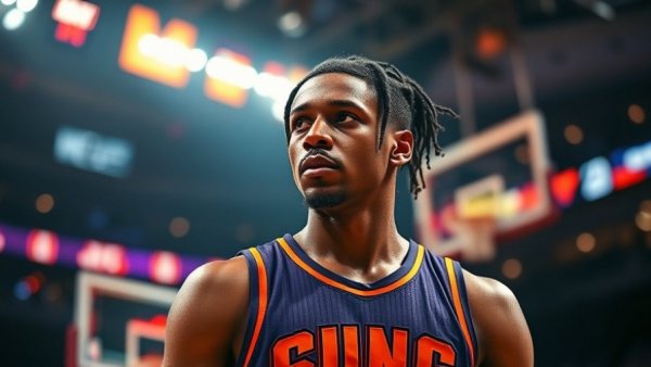 Dillon Brooks Phoenix Suns player focused in vibrant stadium lights.