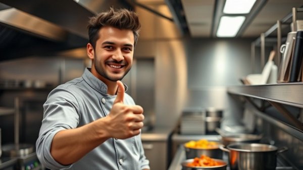 Young chef in a kitchen giving a thumbs up with confidence.