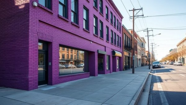 Vibrant purple building in Greenville SC on an empty street.