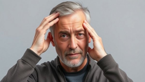 Man experiencing dehydration headache, holding forehead.
