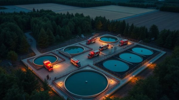 Aerial view of water treatment plant with emergency response.